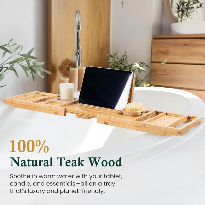 Realgulf Bamboo Bathtub Tray, Bath Caddy with Wine Glass Holder, Phone Dock & Book Stand | Hands-Free Reading & Ultimate Spa Relaxation Experience-Natural - Image 3